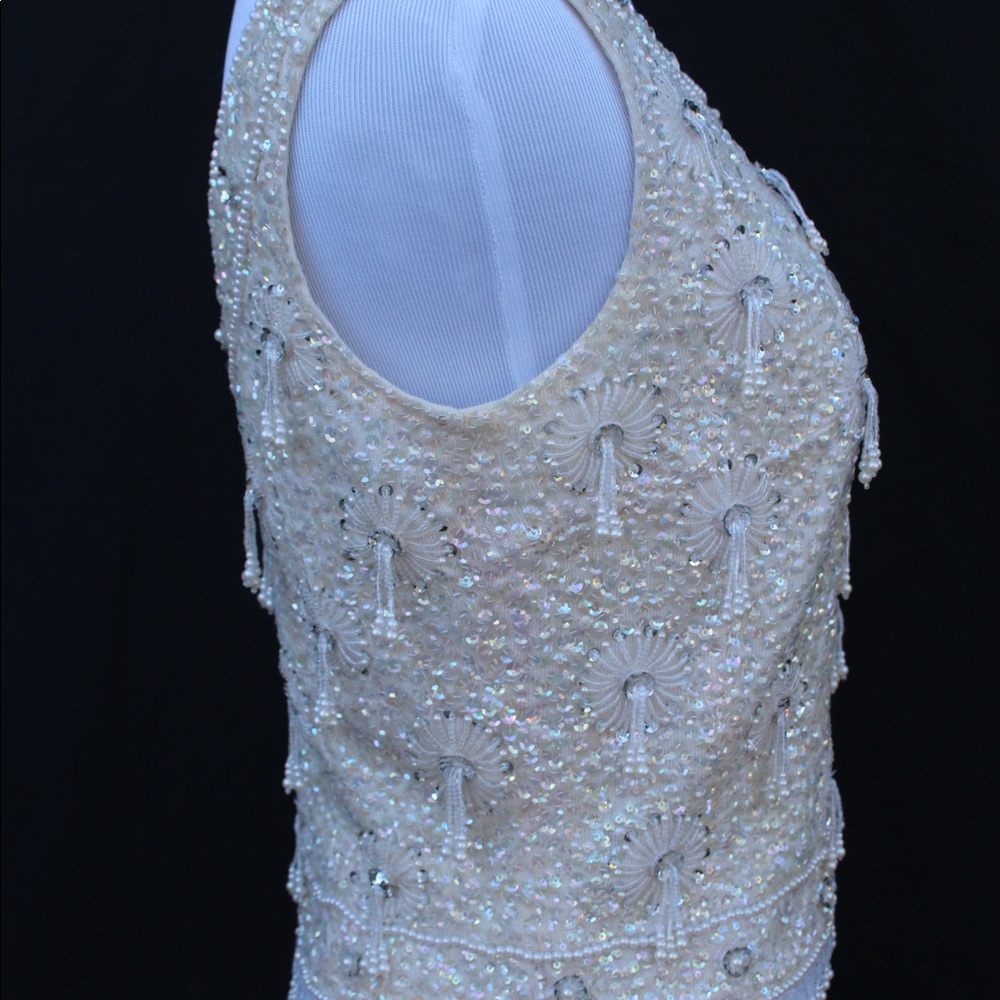 Vintage 50s-60s Ivory Knit Top w/Beading & Sequins - Picture 2 of 5
